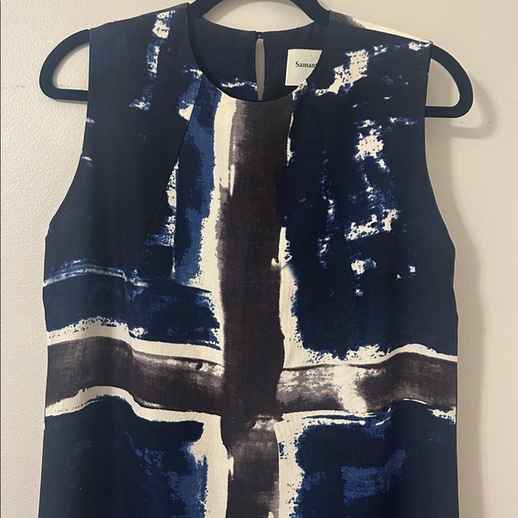 Samantha Sung Navy Abstract Hand Painted Sleeveless 100% Silk Mini Dress Size 6 - Picture 4 of 9